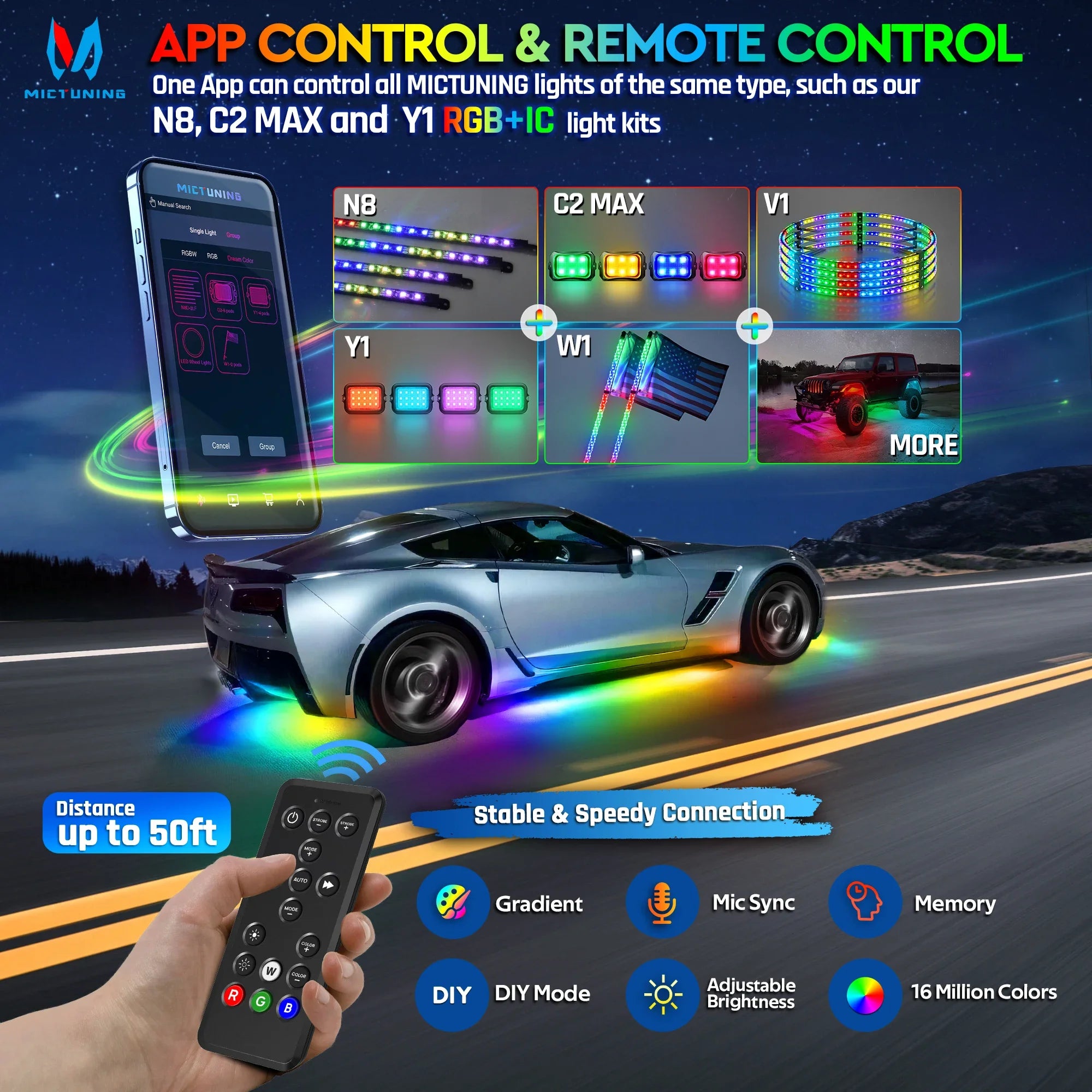 Smartphone app and remote control for multi-colored RGB automotive LED lighting kits, including strips and pods.
