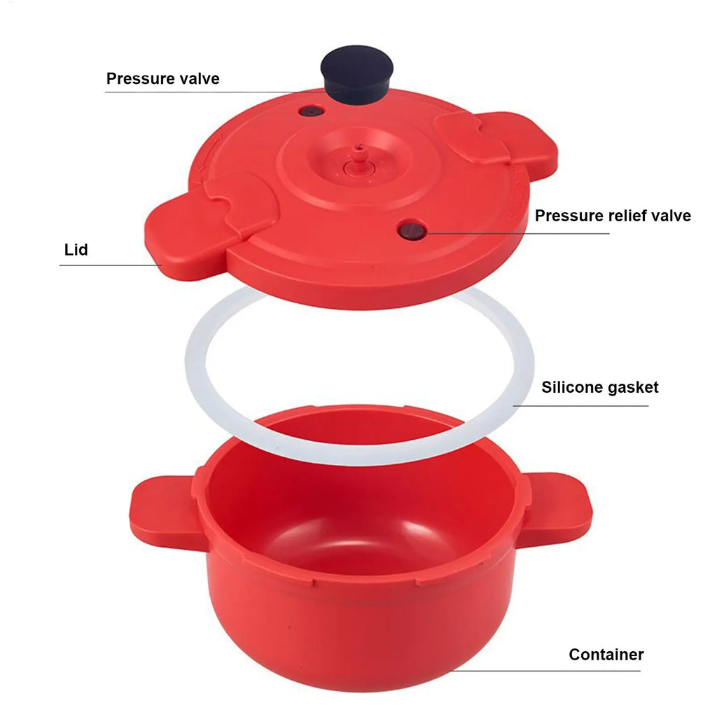 Red 2.3L pressure cooker with lid, pressure relief valve, silicone gasket and container
