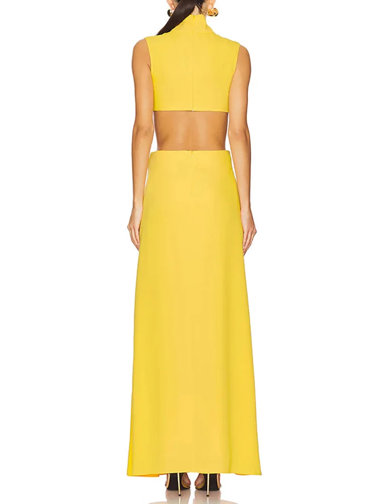 Solid Patchwork Hollow Out Fashion Maxi Dress, Women Summer Sleeveless Simple Party Dress, 2025 New Turtleneck Sexy Ladies Dress