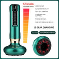 Green electric cupping massager with 12-gear vacuum suction, LED display, heat therapy, and Gua Sha scraping head.