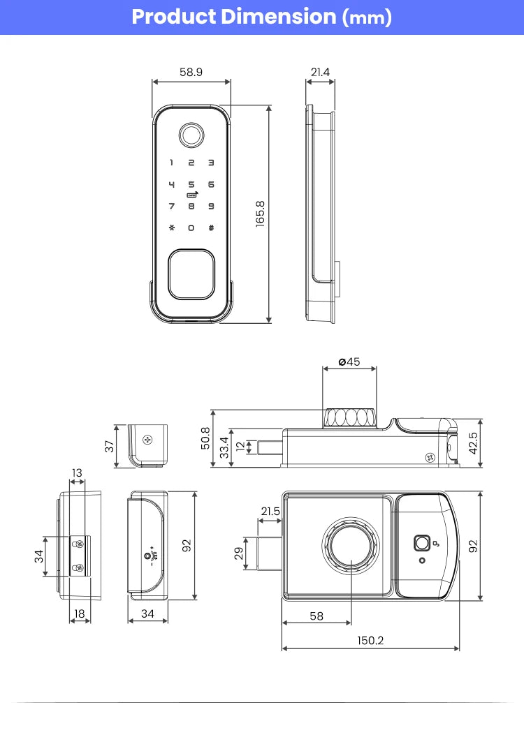 Tuya WiFi 8 Language Fingerprint IP66 Waterproof Outdoor Gate Passcode RFID Card Keyless Smart Rim Lock for Home