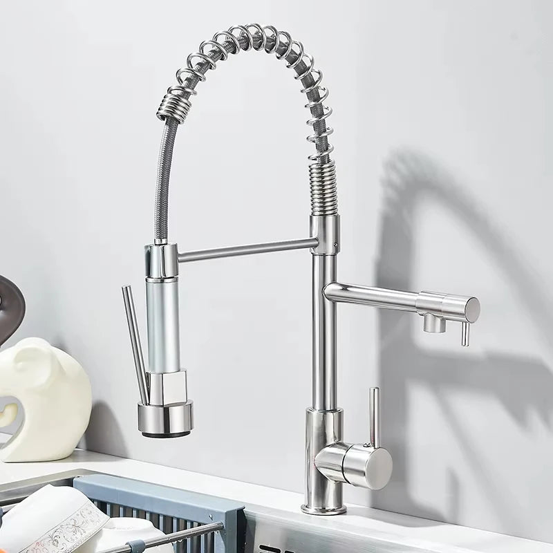 Pull Down Kitchen Sink Faucet Hot Cold Water Mixer Crane Tap with Dual Spout 360 Rotation Deck Mounted
