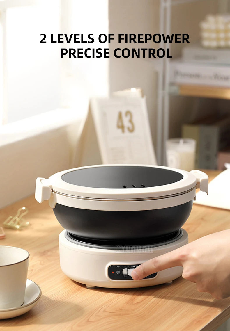 Portable split electric cooker with split pot, front control panel and power knob