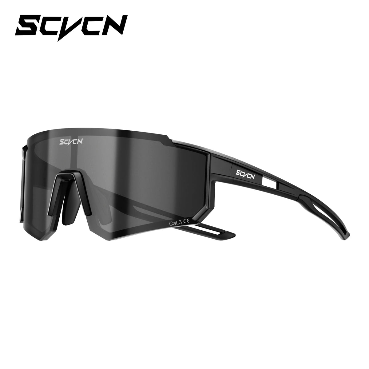 Sports sunglasses with black frame and dark gray mirrored lenses, vented shield