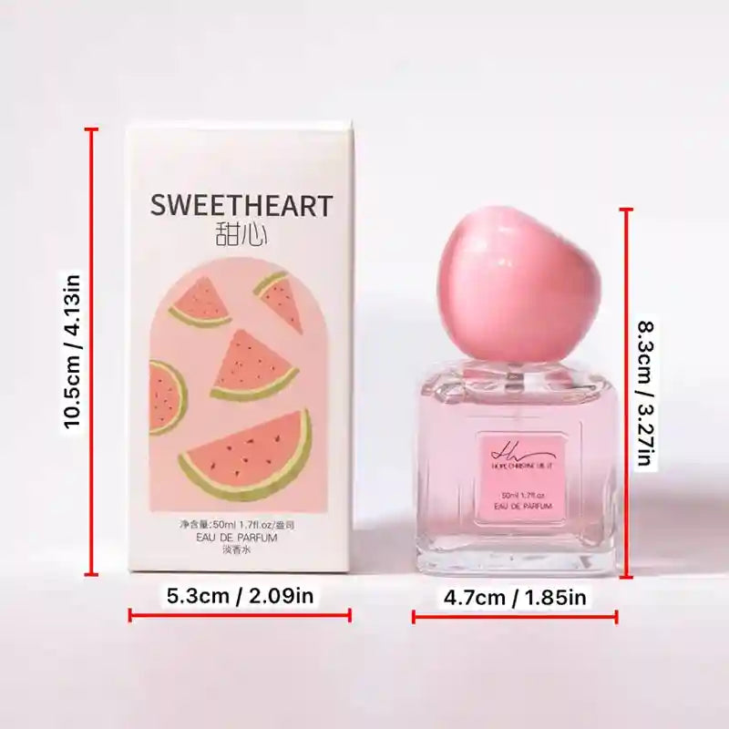 Sweetheart Eau de Parfum in a 50ml square glass bottle with a round pink cap and matching watermelon-themed box.
