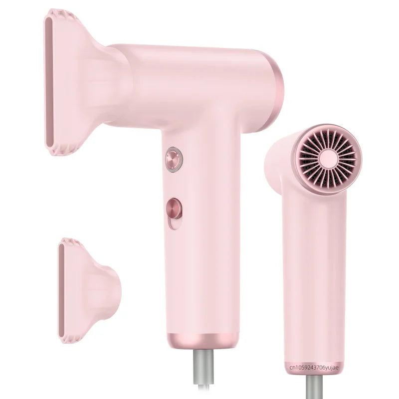 Pink portable high-speed hair dryer with nozzle attachment, brushless motor, and sleek compact design for fast drying.