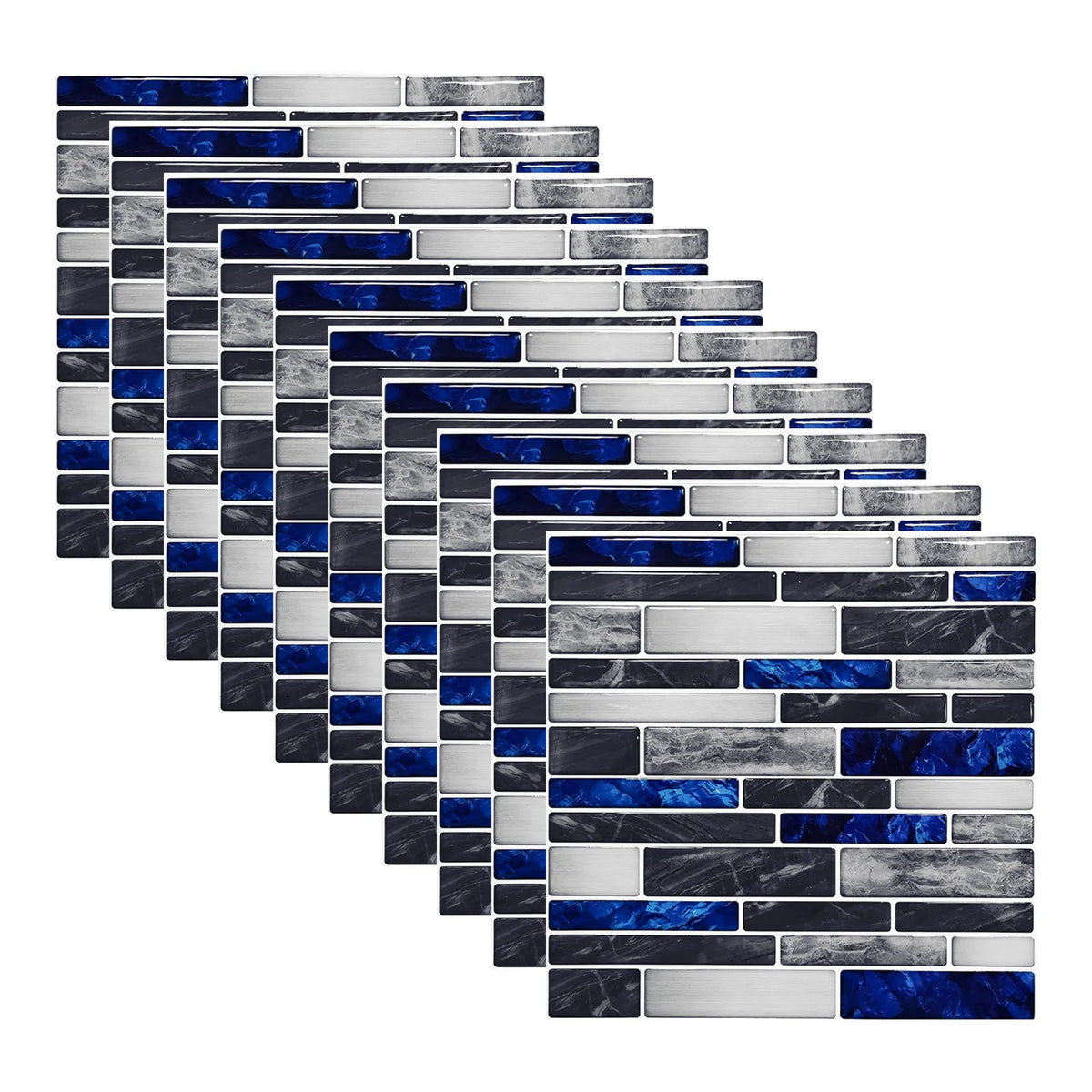 3D mosaic tile sticker set, blue and gray marble brick pattern, self-adhesive 10x10cm tiles