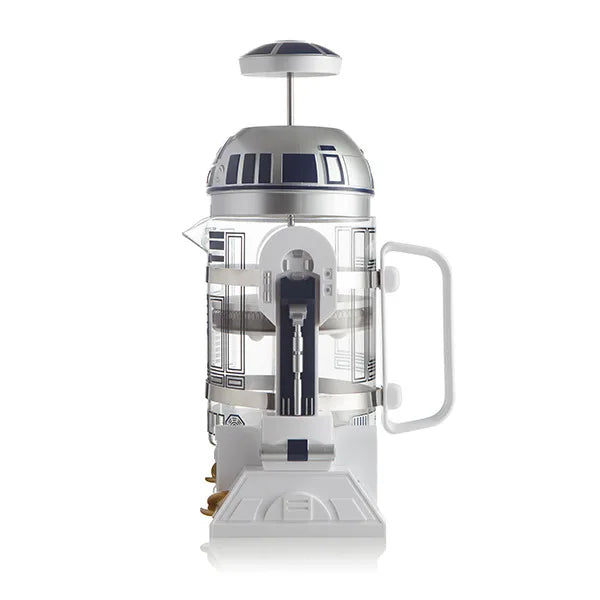 Star Wars R2-D2 glass and silver metal French press coffee maker with white base and blue accent details.