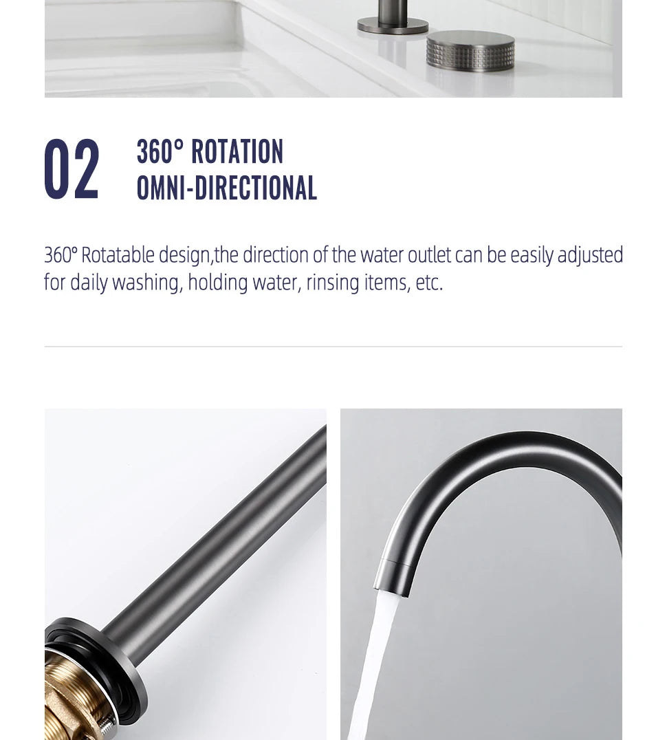 Gunmetal Basin faucet Knurled Switch 360 Rotating Spout two holes Deck Mounted Sink Tap Bathroom Widerspread Mixer 2 set