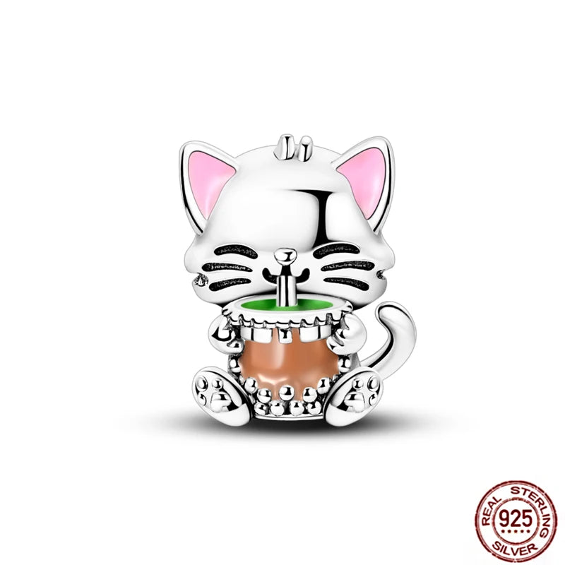 925 sterling silver cat charm bead for bracelets, featuring a cute kitten drinking bubble tea. Perfect DIY jewelry gift.