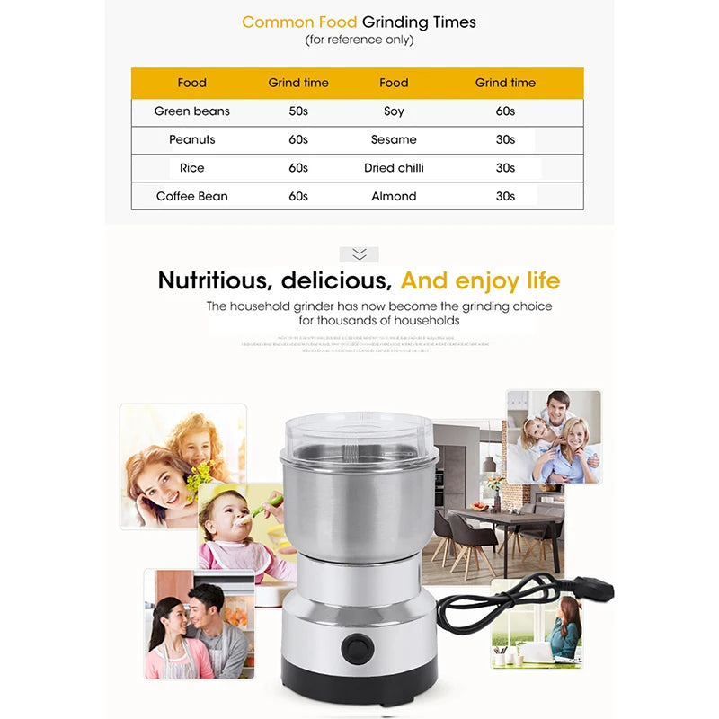 Stainless steel electric coffee and spice grinder with clear lid, power button, and grind time reference chart.