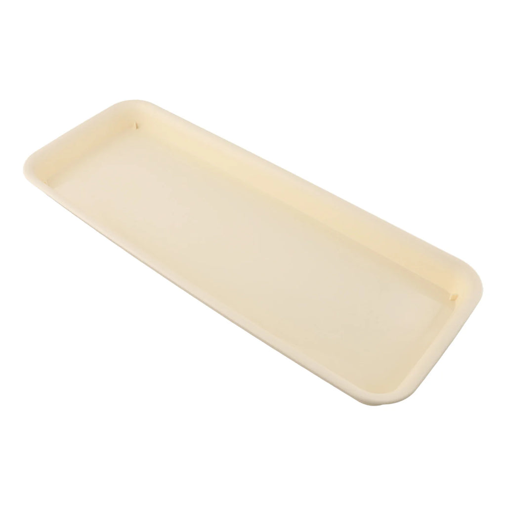 Rectangular beige plastic plant water tray with rounded corners and raised rim