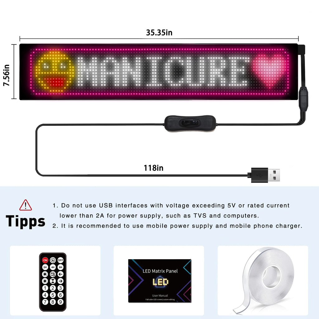 Smart LED scrolling display screen, supports Bluetooth app control, allows for customization of text, graphics, and animations, is USB-powered for easy installation, and is suitable for digital signage in stores, trucks, food