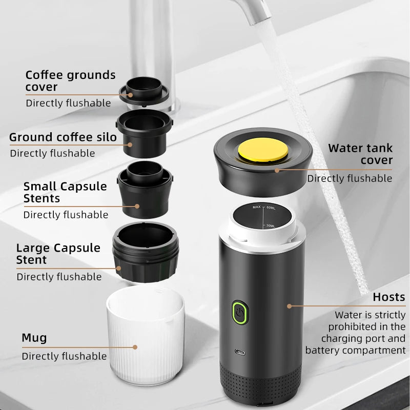 Portable black electric coffee maker with capsule/ground adapters, white mug, and 60ml capacity markings.