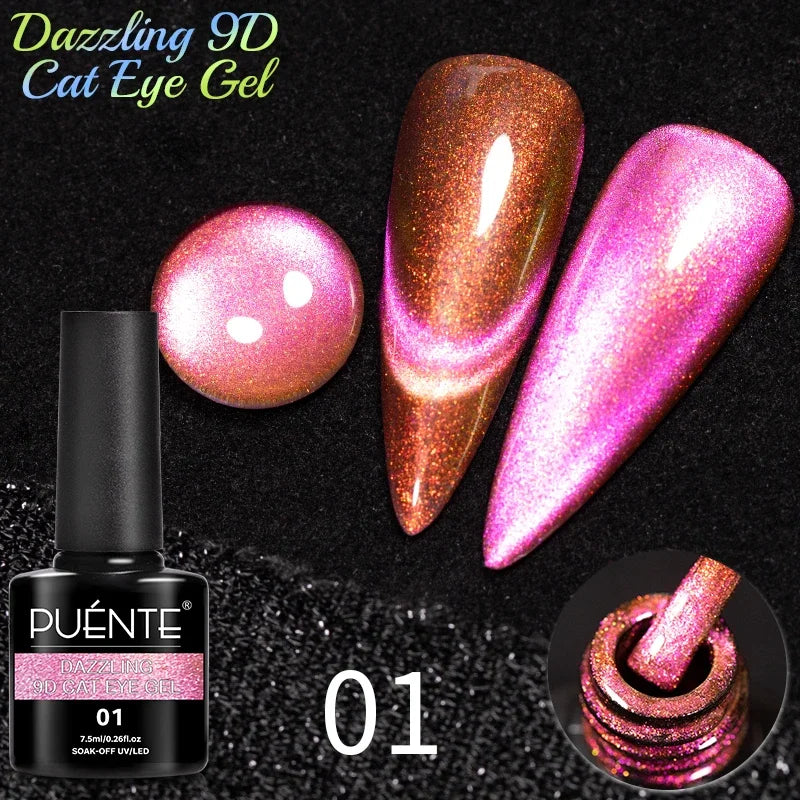 9D cat eye gel polish in pink and bronze, shown as swatches and in a 7.5ml bottle, for professional nail art.