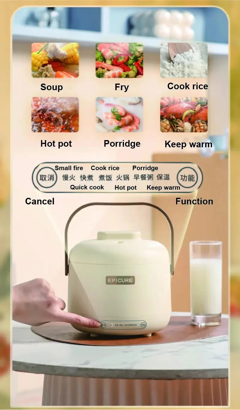 White multi-function electric cooker with lid and handle, front view