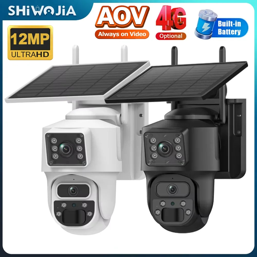 Dual-lens solar security camera set with PTZ heads, white and black housings