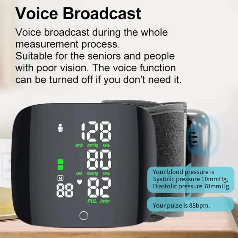 Voice Portable LED Wrist Blood Pressure Monitor Portable Rechargeable Digital Tonometer Sphygmomanometer BP Monitor