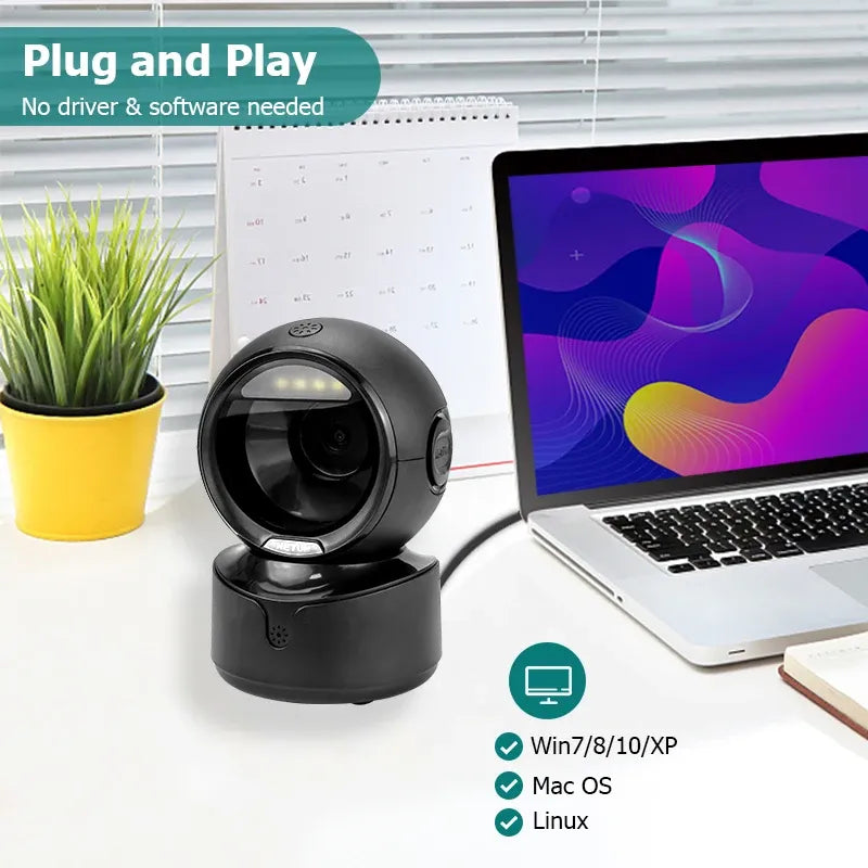 Black NETUM desktop barcode scanner with stand base and USB cable connection