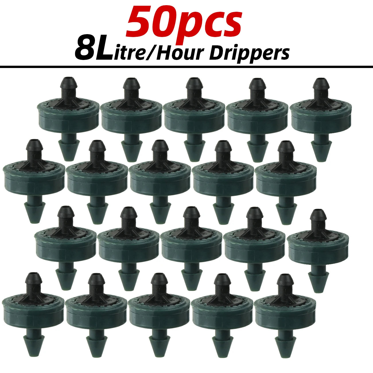 Green-and-black inline drip emitters, 50 pcs for 3/5mm hose