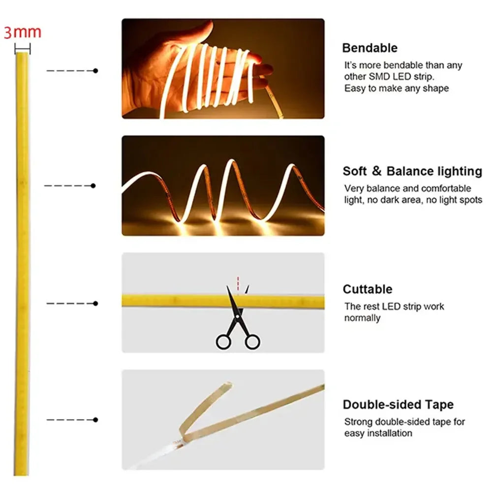 COB LED Strip Flexible High Density LED Strip 3mm COB Bar LED Light Warm 3000K White 6500K for Bedroom Kitchen Home