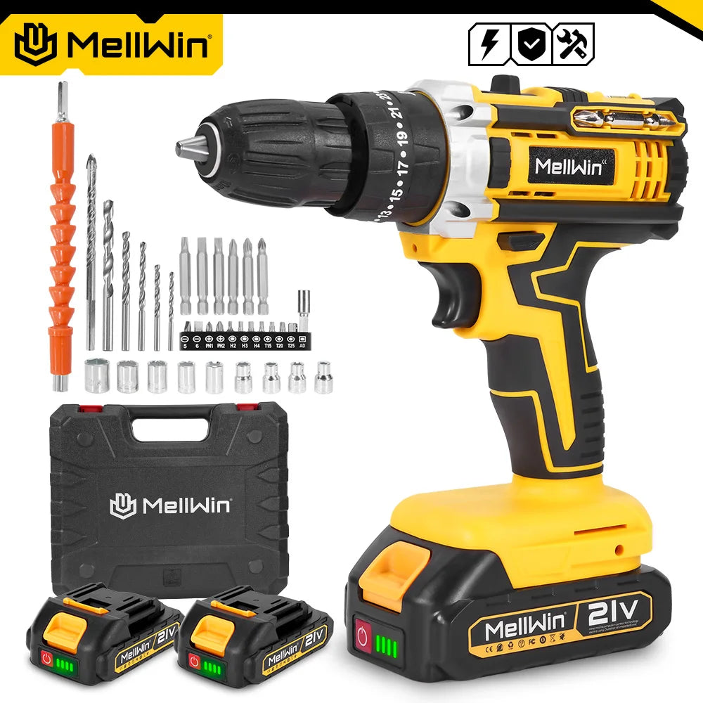 MELLWIN 25+3 Torque Electric Impact Drill Set Multipurpose Cordless Electric Screwdriver Power Tool For Makita 18V Battery Pin