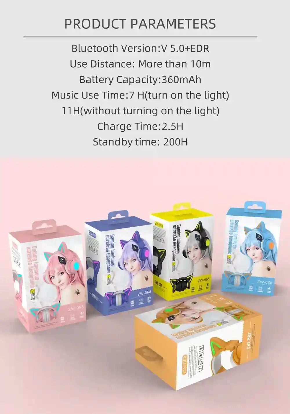 Wireless Cat Ear Headphones with RGB LED - Low Latency Audio Tidesmit