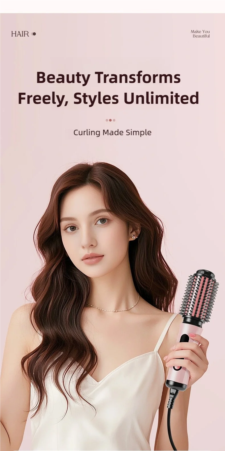 TINSOL pink negative ion hot air brush for curling and straightening hair, featuring a professional styling attachment.