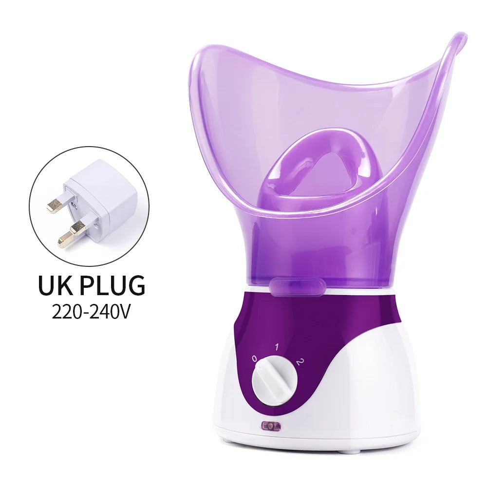 Purple and white home facial steamer for pore cleaning and skin moisturizing with UK plug and adjustable heat settings.