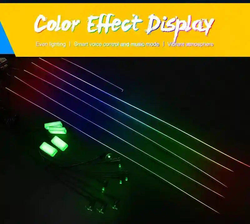 Thin, flexible RGB LED light strips for ambient interior vehicle lighting, emitting glowing lines in various colors.