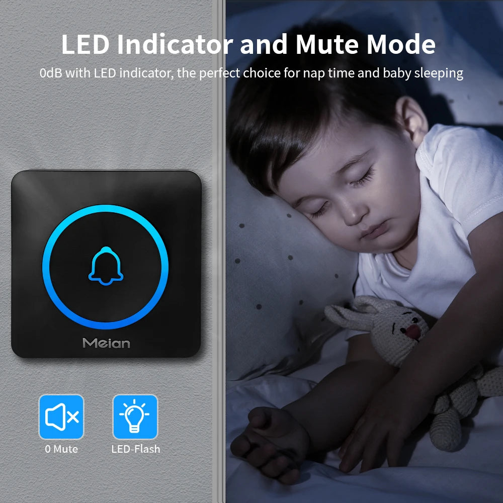 Meian IP65 Waterproof Wireless Doorbell Smart Home Outdoor Door Bell 60 Ringtone 5 Volume Adjustable LED Flash Smart Door Bell