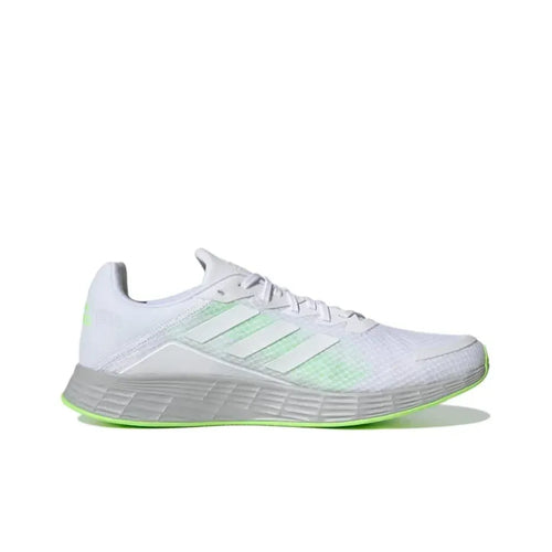 Adidas Duramo SL white breathable running sneakers with neon green accents and a grey cushioned sole.