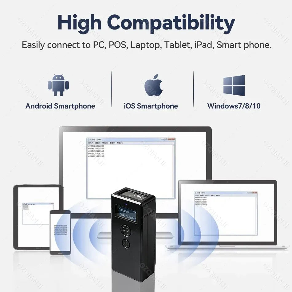 Wireless 2D barcode scanner with front display screen and indicator lights