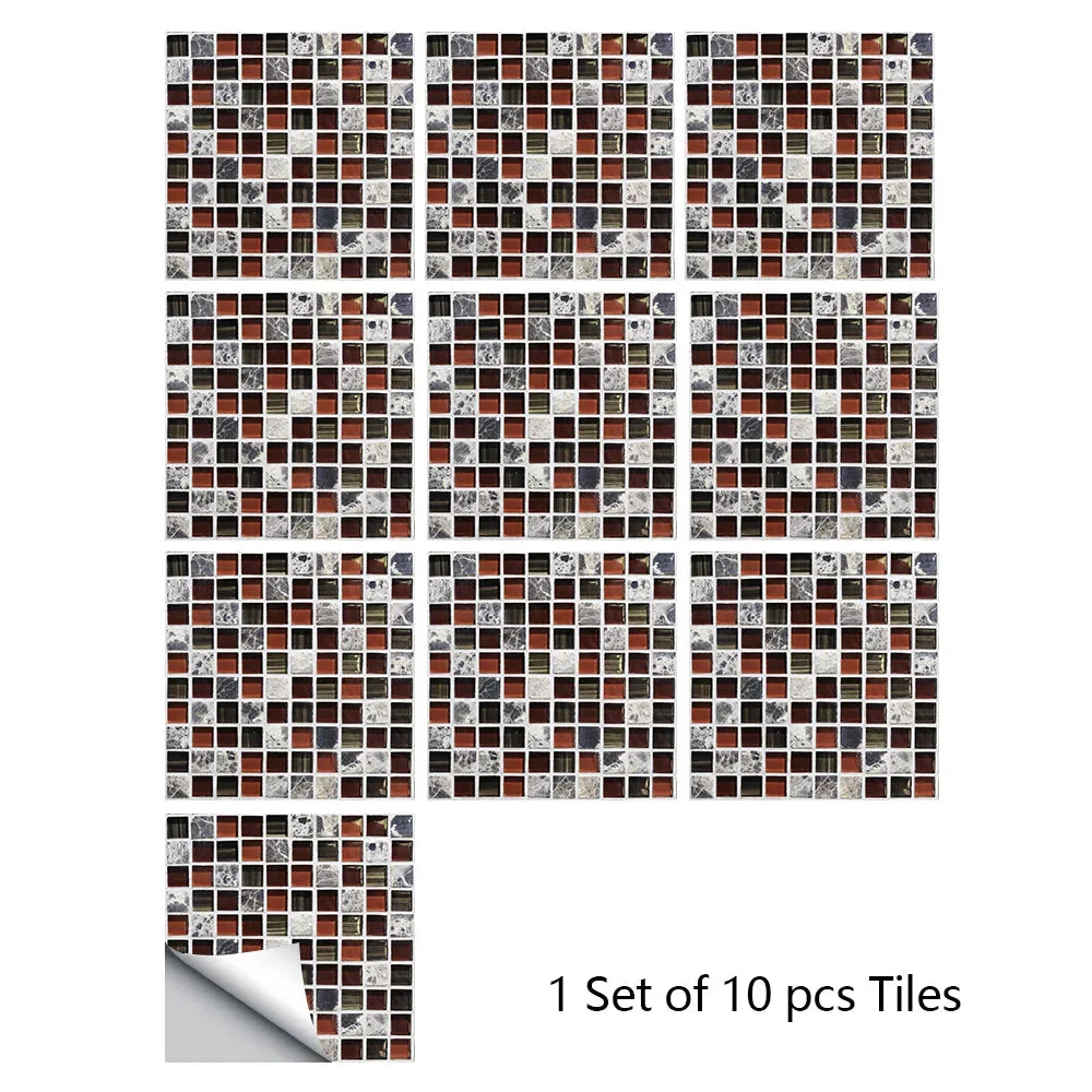 Set of 10 mosaic tile stickers with black and red speckled square pattern