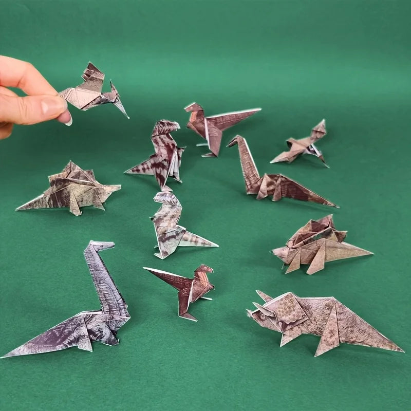 Handmade paper dinosaur origami kit for DIY home decor, perfect gift for animal lovers. Realistic folded paper crafts.
