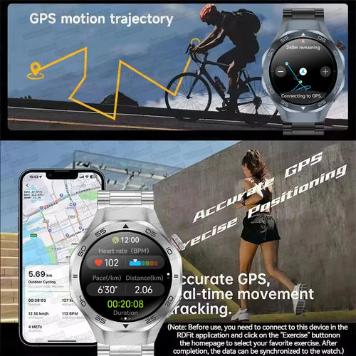 Rugged smart watch with silver case and metal link band, GPS-style map on display