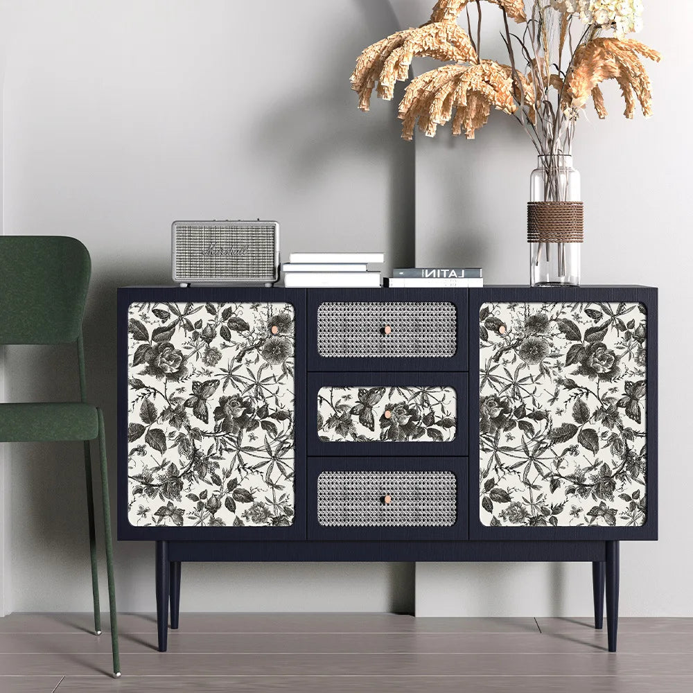 Peel-and-stick wallpaper sheet with black watercolor floral botanical pattern