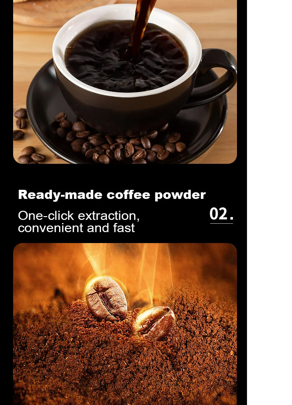 Freshly brewed black coffee in a black ceramic cup with roasted coffee beans for one-click coffee machine extraction.