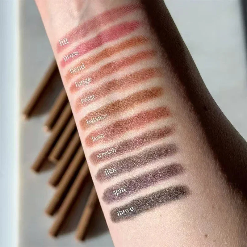 Swatches of Rhode Skin Peptide Lip Shape Pen liners in various matte nude, pink, and brown shades on an arm.