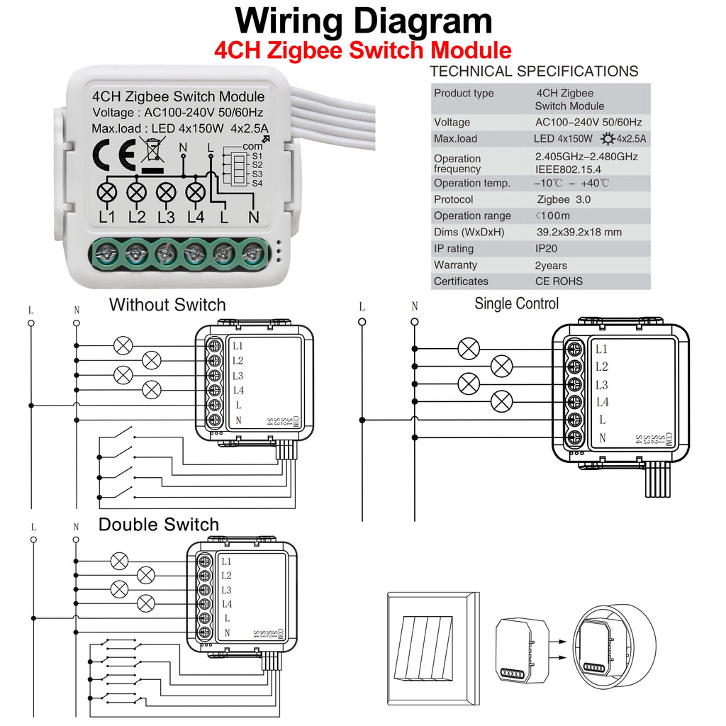 GIRIER Tuya ZigBee 3.0 Switch Module 10A Smart Home DIY Breaker 1 2 3 4 Gang Supports 2 Way Control Works with Alexa Google Home