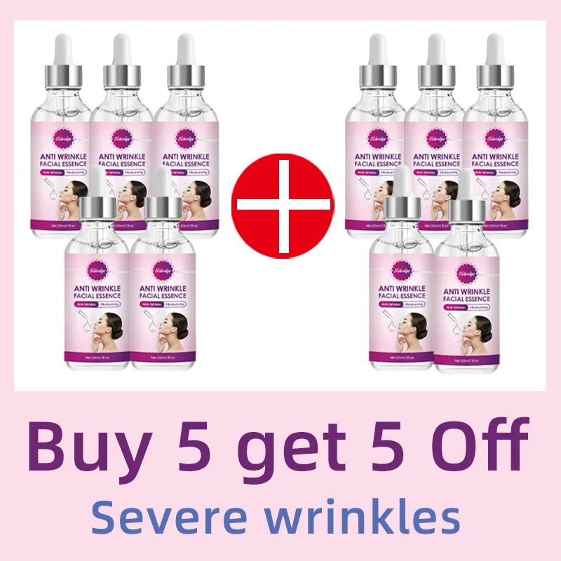 Ten glass dropper bottles of Anti-Wrinkle Facial Essence with pink labels, arranged with a red plus sign and text.