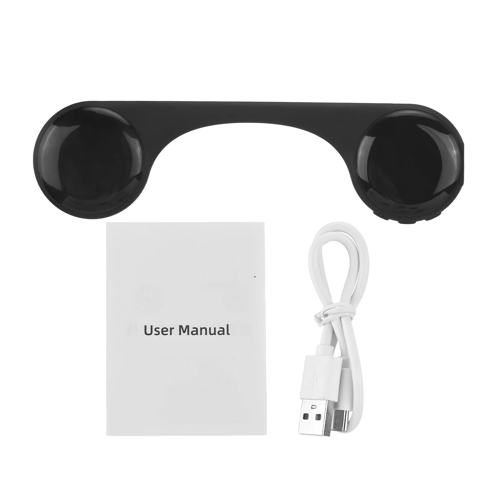 Black sleep aid sound machine with side control buttons, user manual, and charging cable for better sleep.