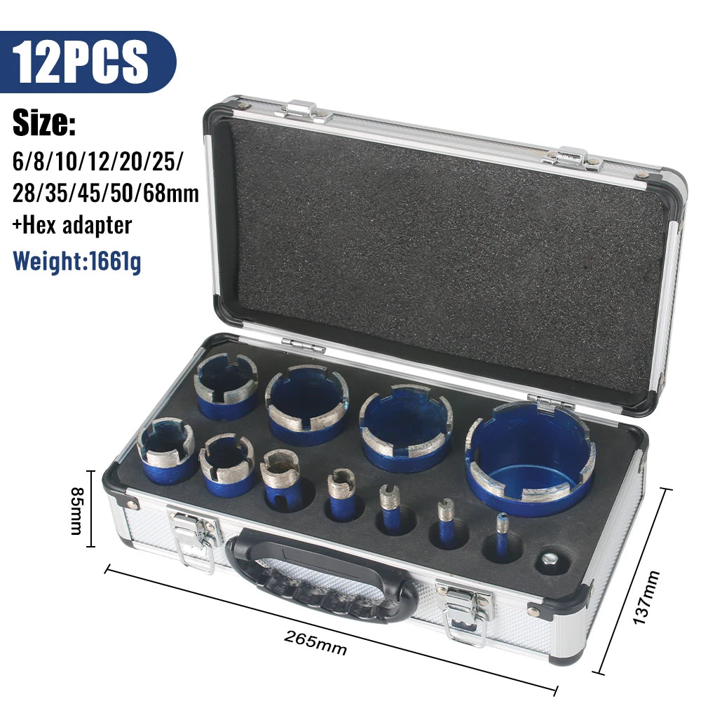 Diamond hole saw bit set with blue crowns in aluminum case, multiple sizes, hex adapter