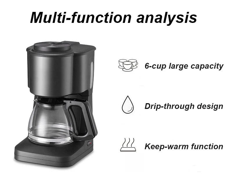Black 6-cup drip coffee maker with glass carafe, featuring a keep-warm function and modern compact design.