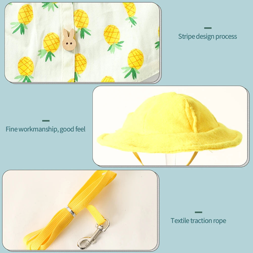 Cute pineapple print rabbit vest, yellow hat, and leash harness set for safe outdoor walks for small pets like bunnies.