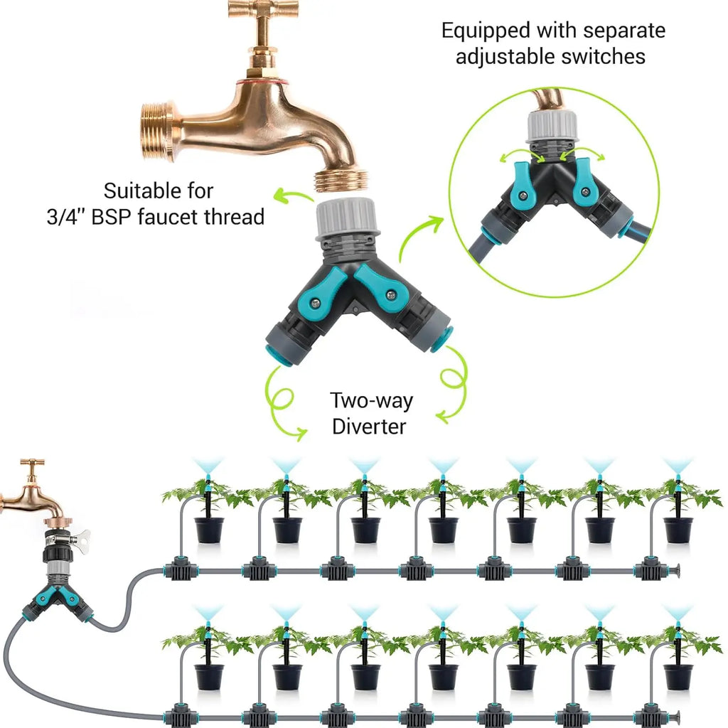 Drip irrigation faucet diverter with brass valve and two adjustable teal outlet switches