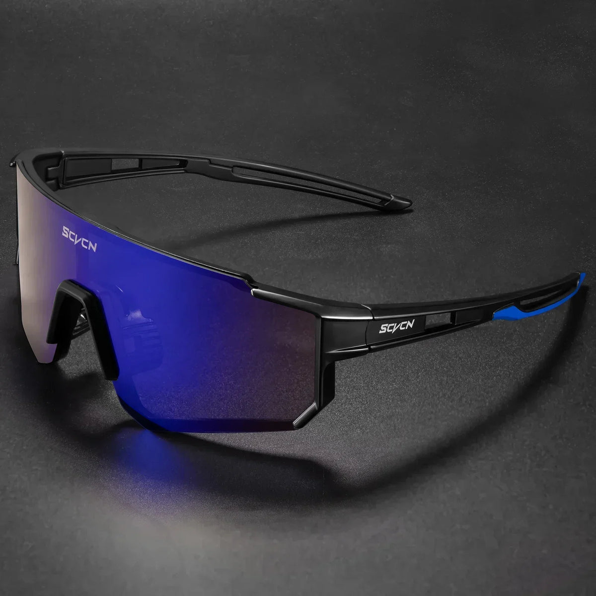 Black cycling sunglasses with blue mirrored lens and wraparound sports frame