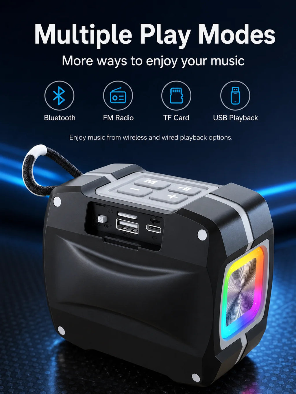 Portable Bluetooth Speaker, Bluetooth 5.3, TWS Pairing, 52mm Driver, 5W Output, 1200mAh Battery, RGB Light, FM Radio, TF Card and USB Playback, IPX6 Water Resistant Design for Outdoor, Camping, Travel and Home Use