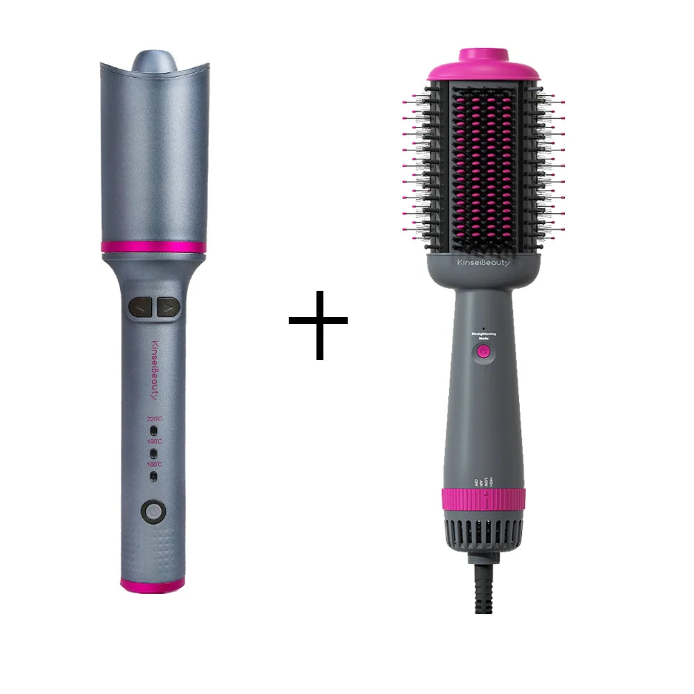 Kinseibeauty 3-speed professional hair dryer and curling iron set in grey and pink with electric straightening brush.