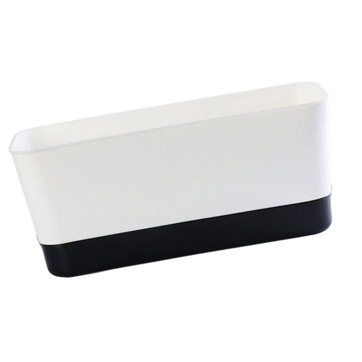 White rectangular window box planter with black base, angled side view.
